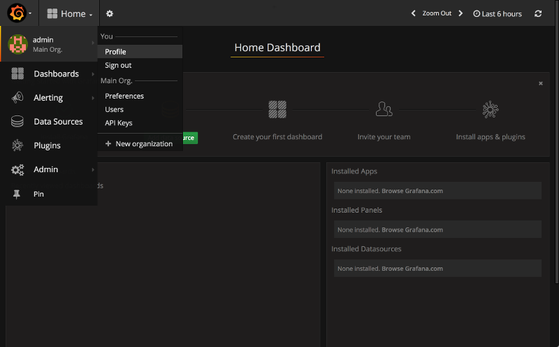 Grafana Profile Menu